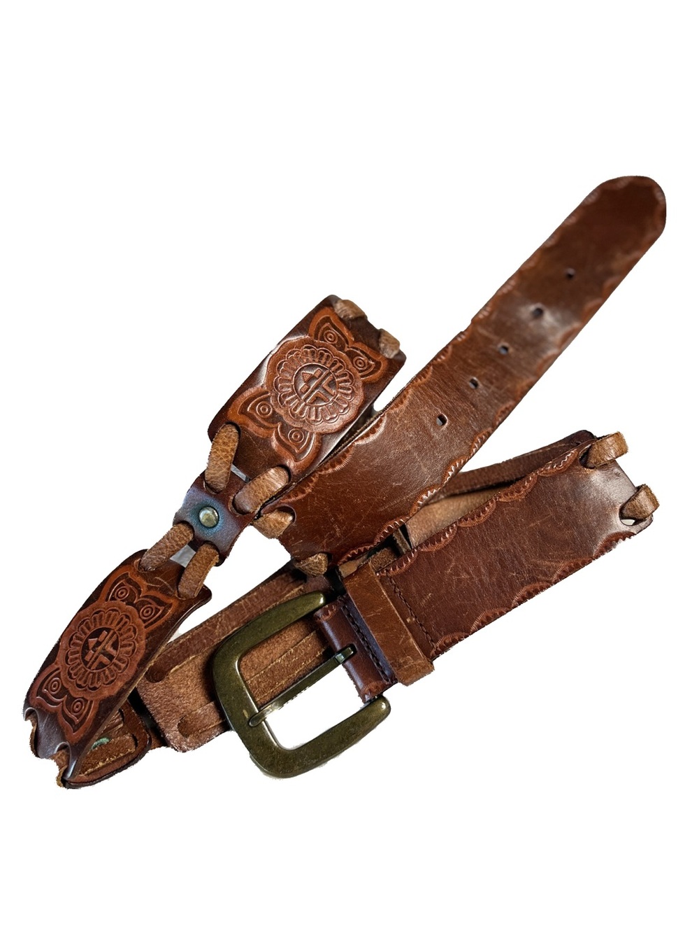 Fossil Tooled Leather Link Belt Southwestern Boho Large Size 34-38"